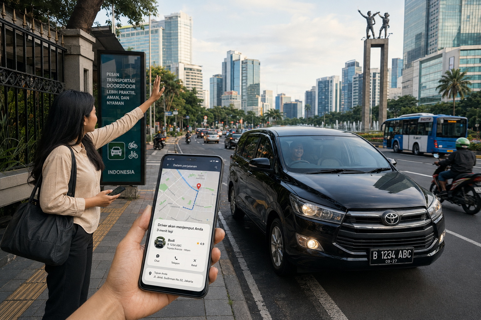 Ilustrasi realistis layanan Door2Door Taxi di Indonesia, menampilkan penumpang yang dijemput mobil dari lokasi penjemputan menggunakan aplikasi transportasi online di kawasan perkotaan.